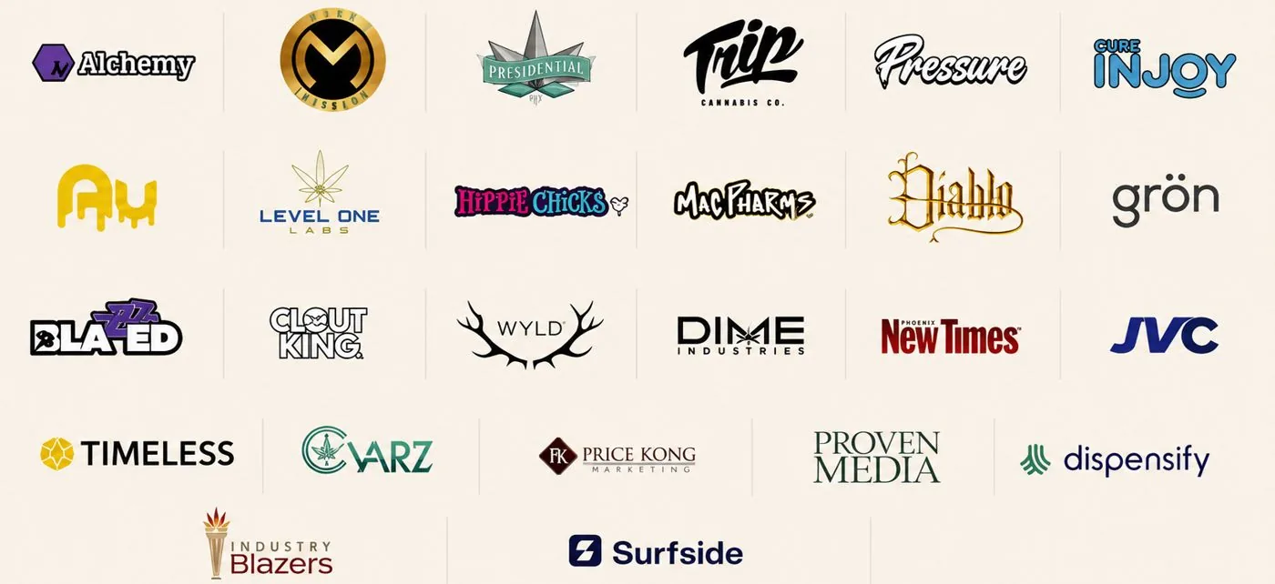 Spring 2026 sponsor logos including Alchemy, Presidential, Trip, Pressure, Cure Injoy, Level One Labs, Hippie Chicks, Mac Pharms, Diablo, Grön, Dime, Phoenix New Times, JVC, Timeless, Varz, Proven Media, Dispensify and Surfside